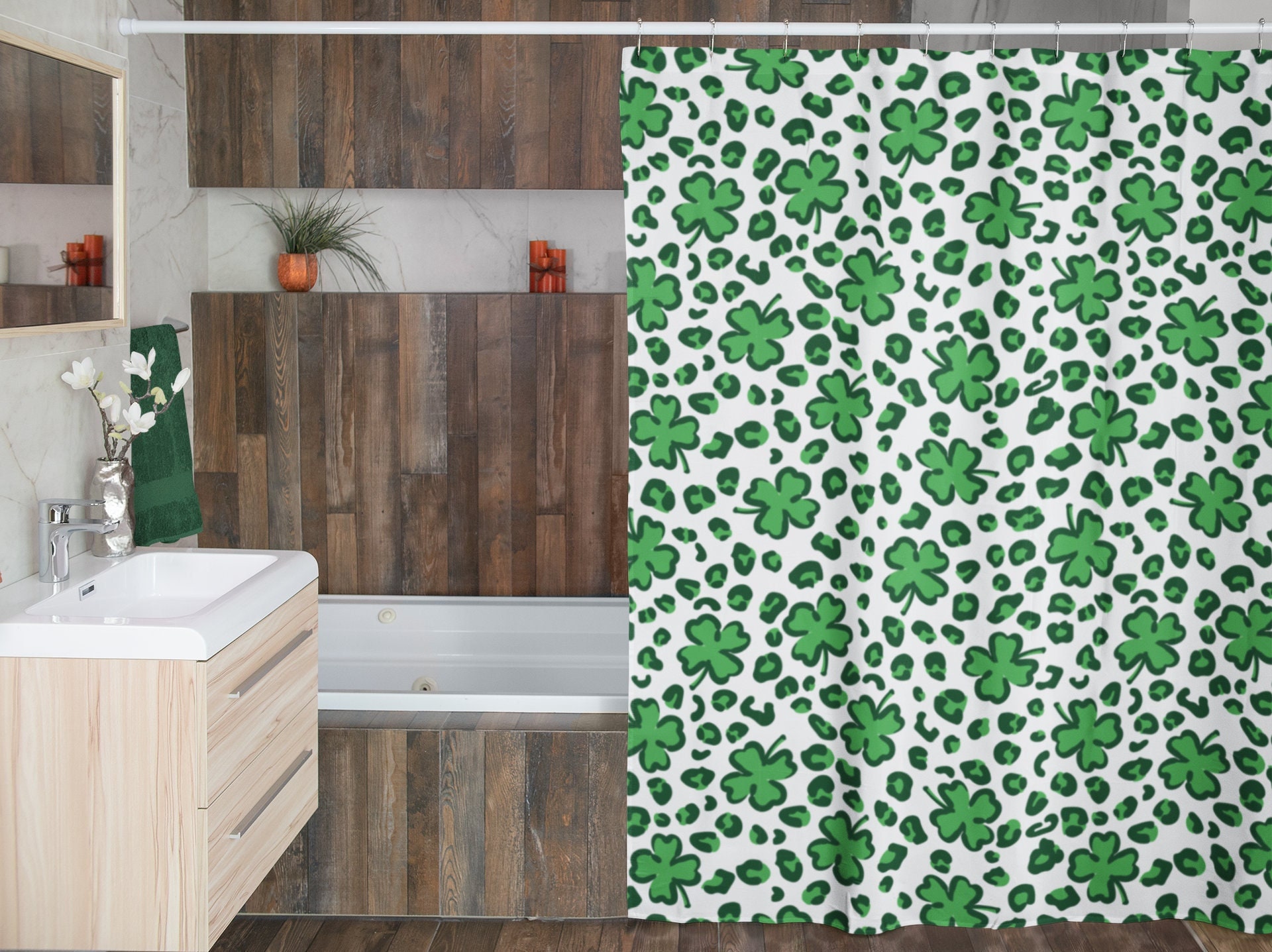 Shamrock St. Patrick's Day Leopard Shower Curtain, Festive Bathroom Decor