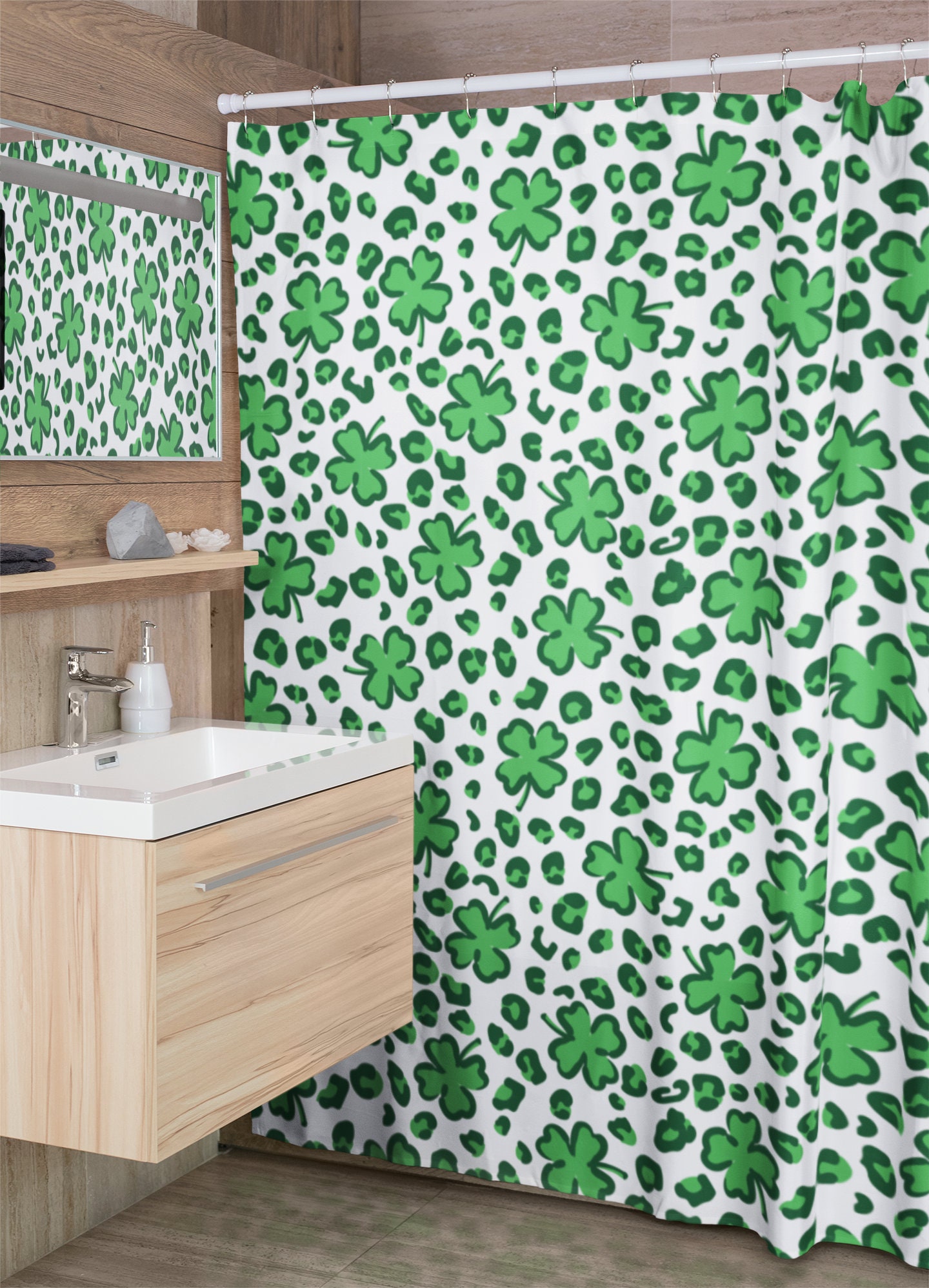 Shamrock St. Patrick's Day Leopard Shower Curtain, Festive Bathroom Decor