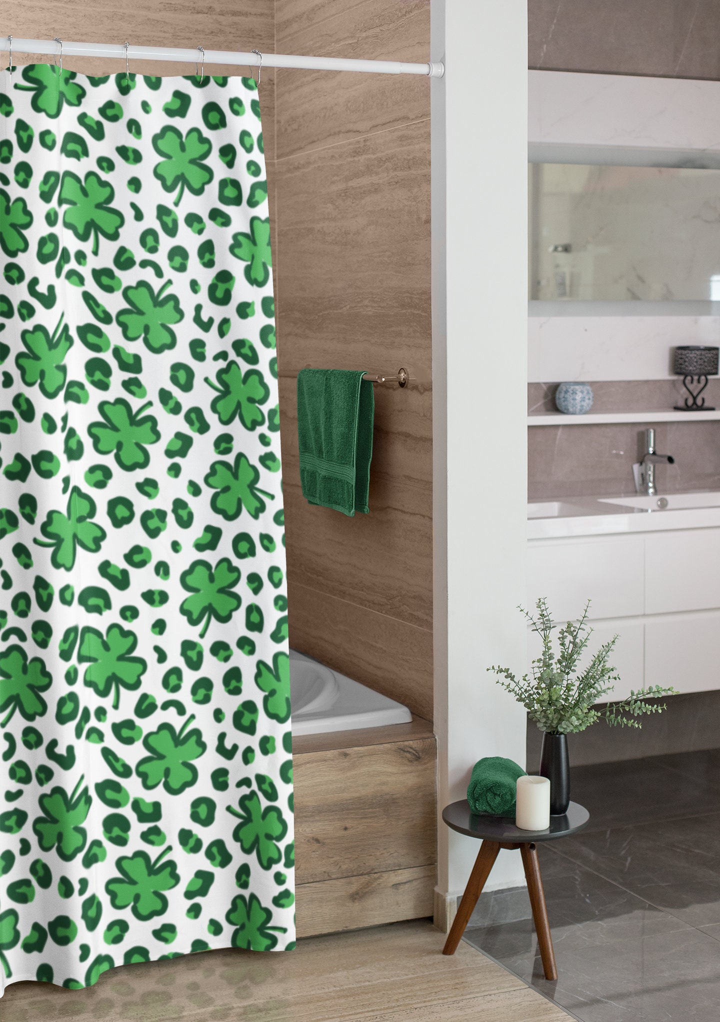 Shamrock St. Patrick's Day Leopard Shower Curtain, Festive Bathroom Decor