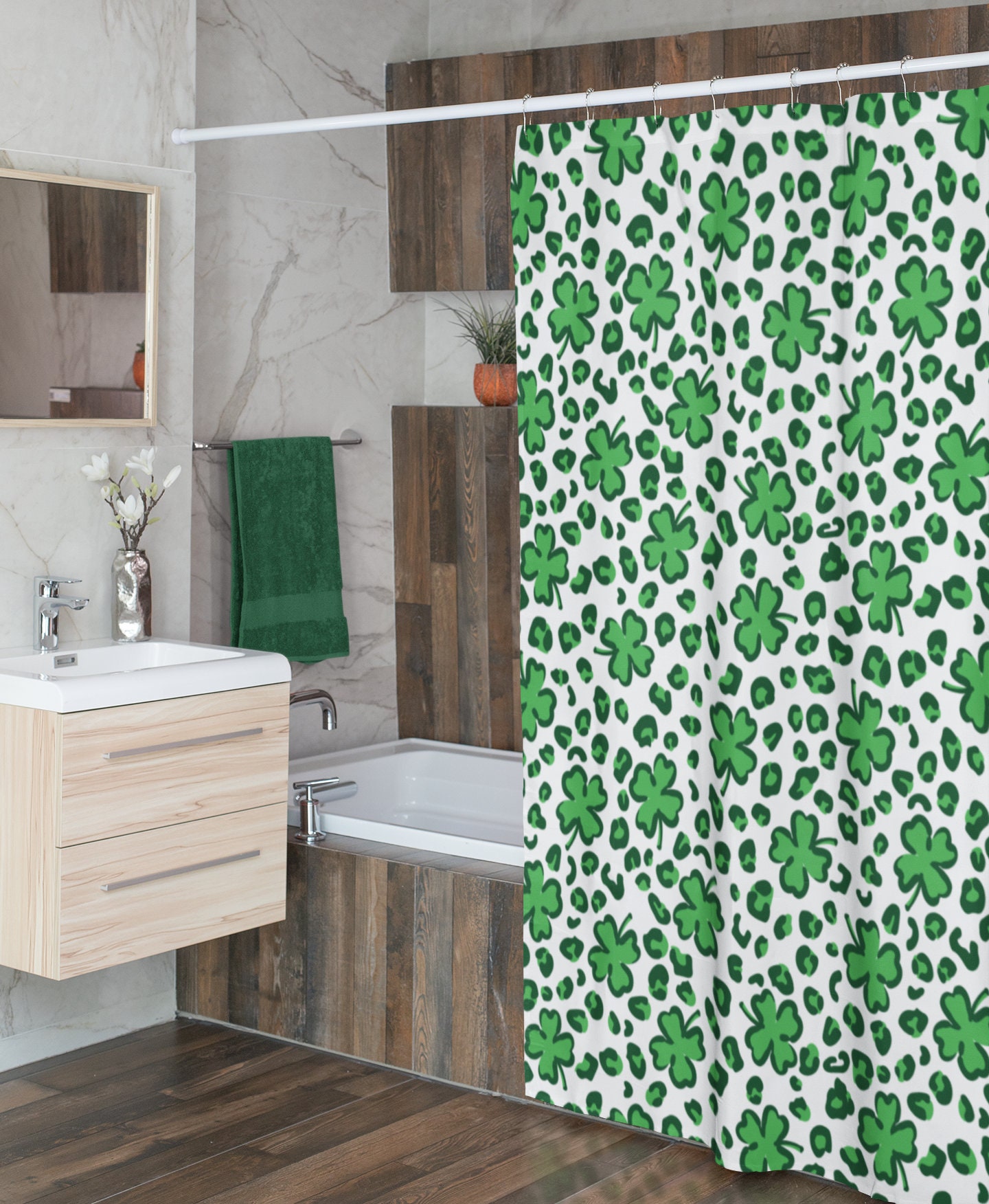 Shamrock St. Patrick's Day Leopard Shower Curtain, Festive Bathroom Decor
