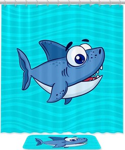 Shark Bathroom Accessories Set With Waterproof Fabric Shower Curtain And Mat