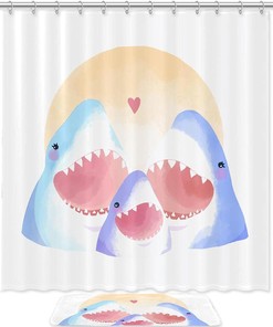 Shark Family Watercolor Print Shower Curtain For Bathroom Tub Set