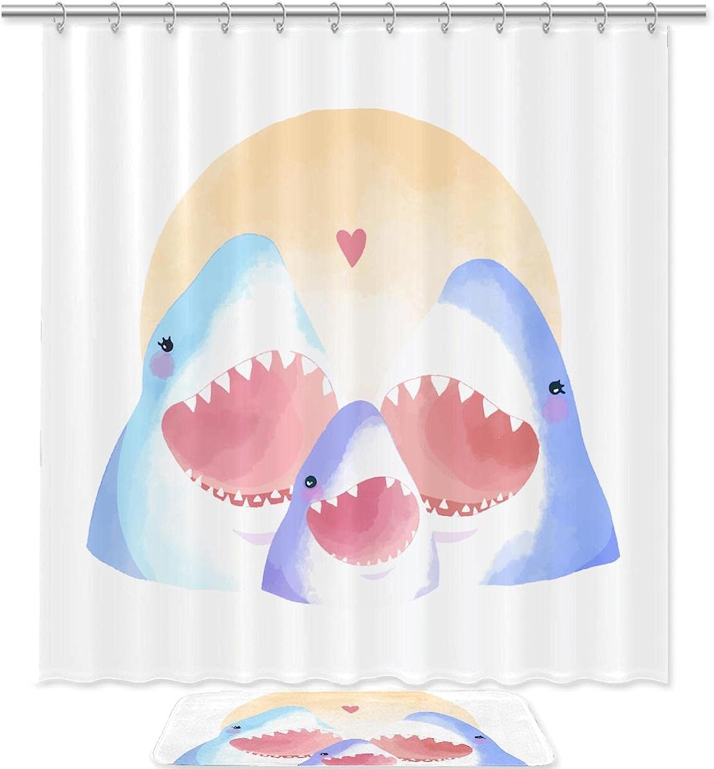 Shark Family Watercolor Print Shower Curtain For Bathroom Tub Set