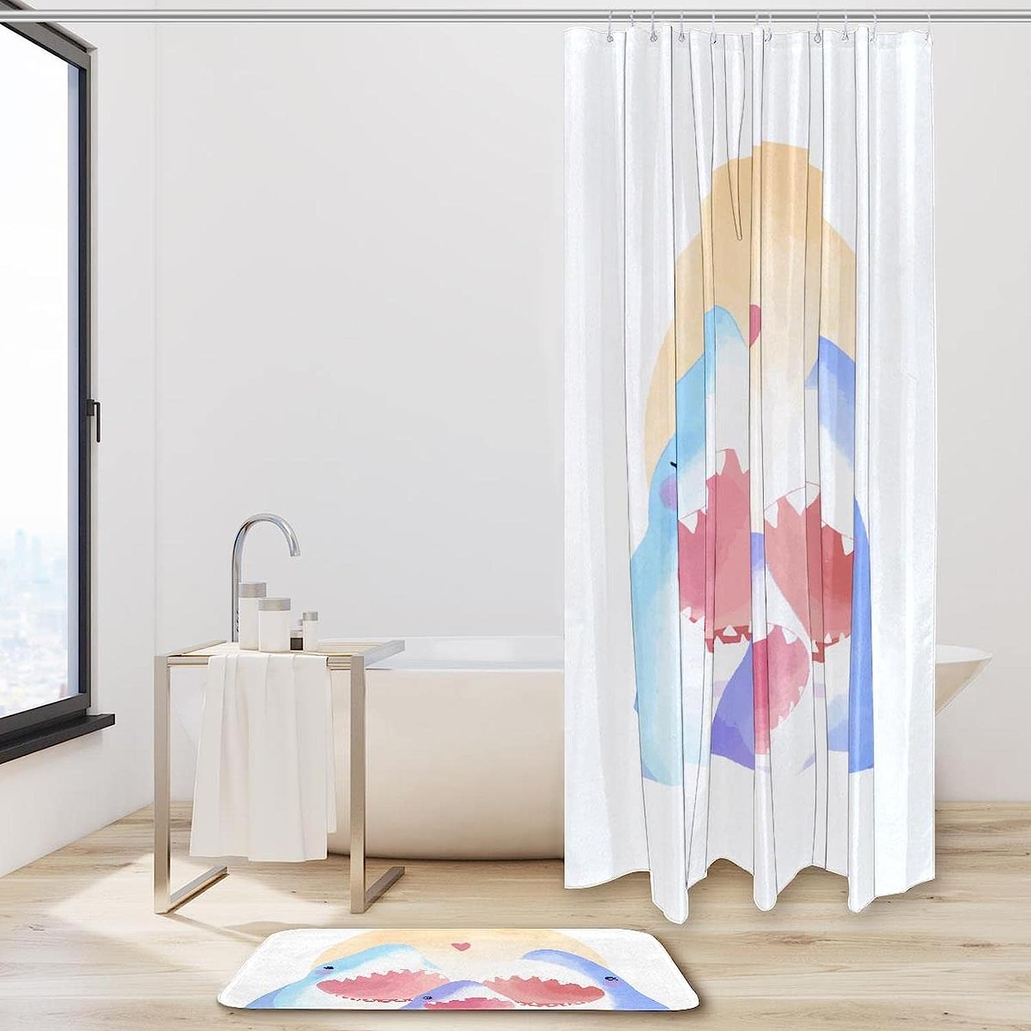 Shark Family Watercolor Print Shower Curtain For Bathroom Tub Set - Image 2