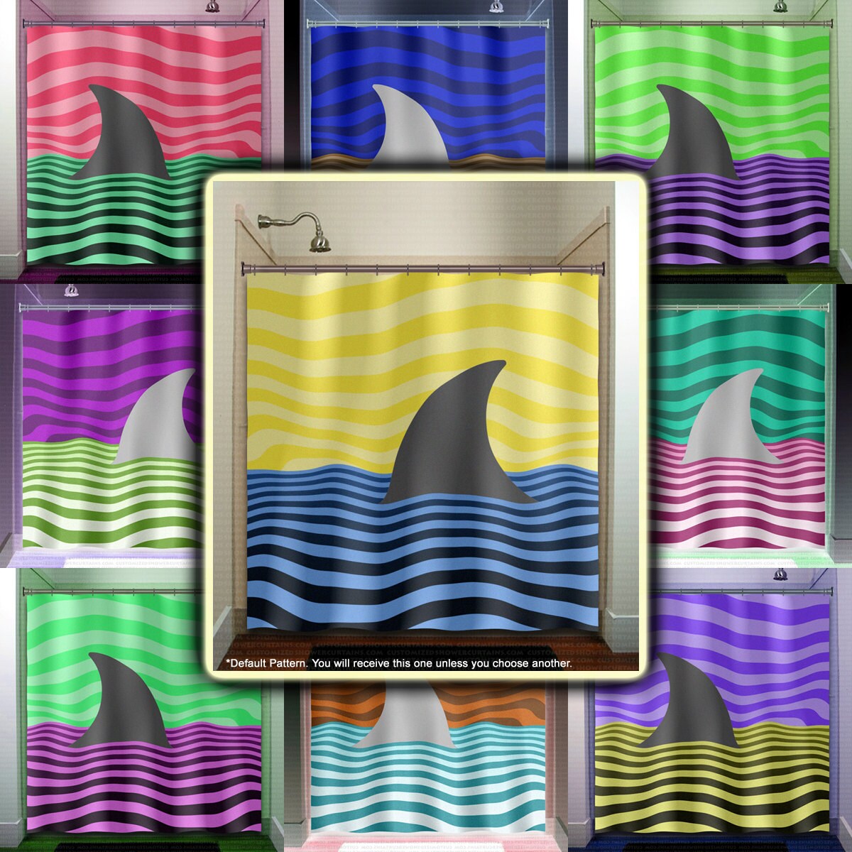 Shark Fin Ocean Shower Curtain with Custom Valance and Towel Set