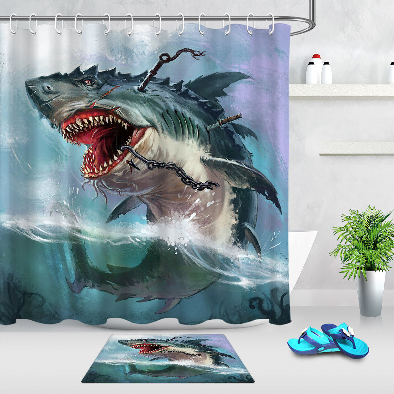 Shark Monster Ocean Wave Print Shower Curtain for Bathroom