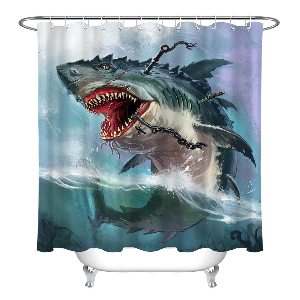 Shark Monster Ocean Wave Print Shower Curtain for Bathroom