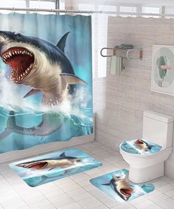 Shark Print Shower Curtain Bathroom Mat Cover for a Nautical and Bold Bathroom Decor