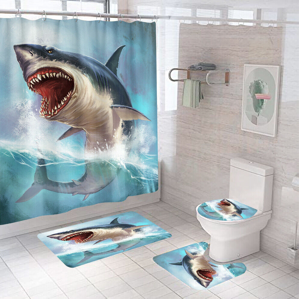 Shark Print Shower Curtain Bathroom Mat Cover for a Nautical and Bold Bathroom Decor