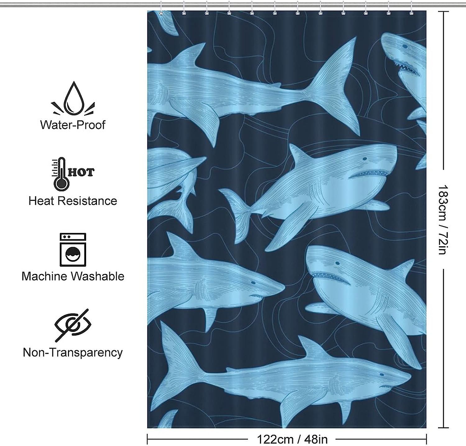 Shark Print Shower Curtain, Funny Modern Design, Waterproof Fabric for Bathroom Decor