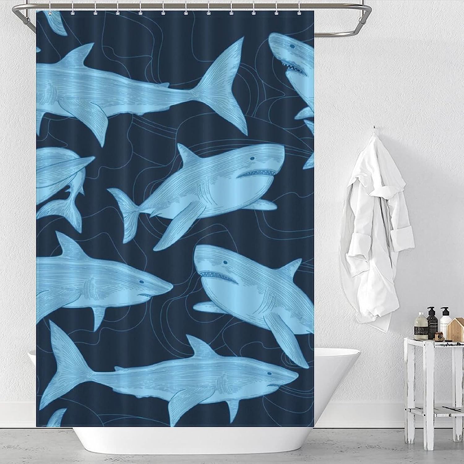 Shark Print Shower Curtain, Funny Modern Design, Waterproof Fabric for Bathroom Decor