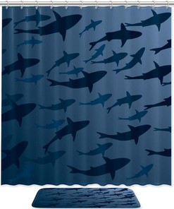Shark Swarm Silhouette Shower Curtain and Bath Mat for Bathroom