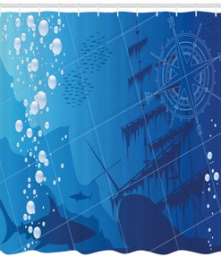 Sharks & Nautical Compass Printed Bathroom Shower Curtain