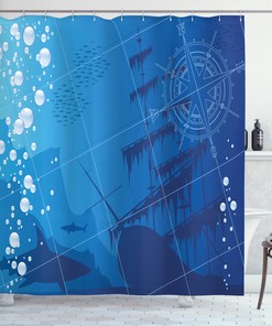 Sharks & Nautical Compass Printed Bathroom Shower Curtain