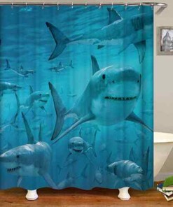 Sharks Pattern Waterproof Bath Curtain with Metal Grommet Holes