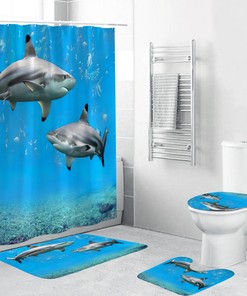 Sharks Print Shower Curtain Bathroom Mat Cover for a Nautical and Dangerous Bathroom Look