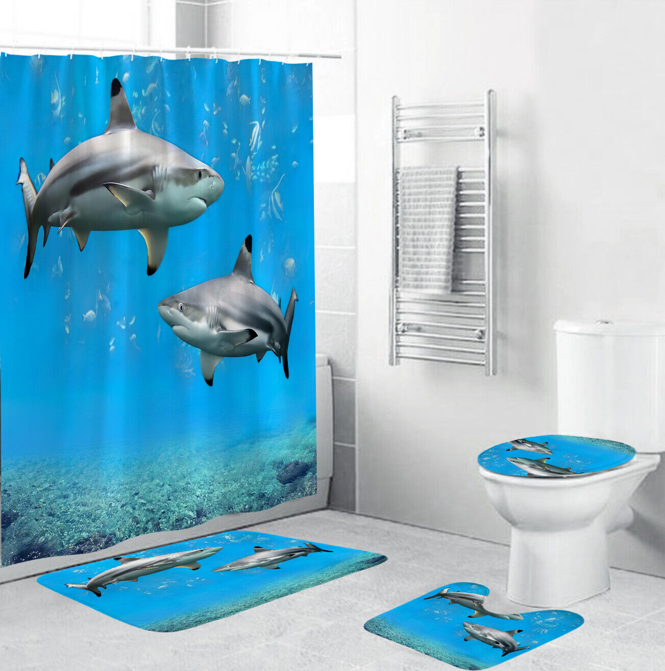Sharks Print Shower Curtain Bathroom Mat Cover for a Nautical and Dangerous Bathroom Look