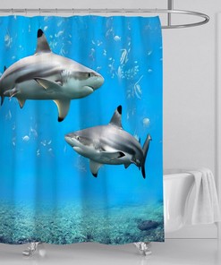Sharks Print Shower Curtain Bathroom Mat Cover for a Nautical and Dangerous Bathroom Look