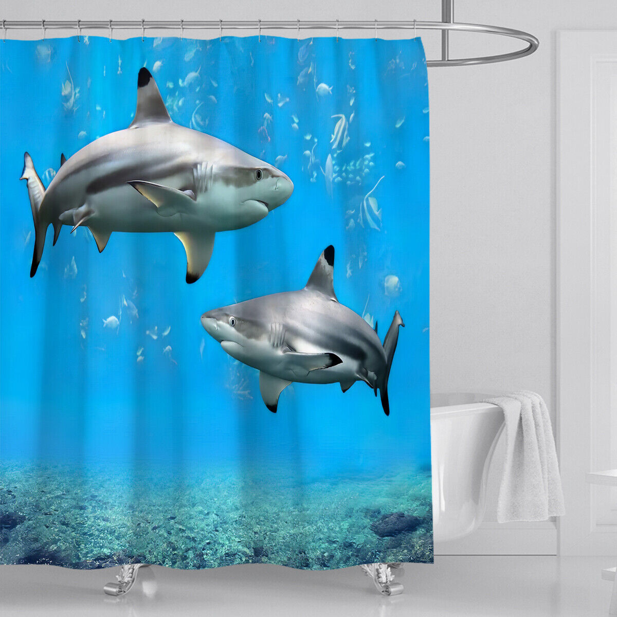 Sharks Print Shower Curtain Bathroom Mat Cover for a Nautical and Dangerous Bathroom Look