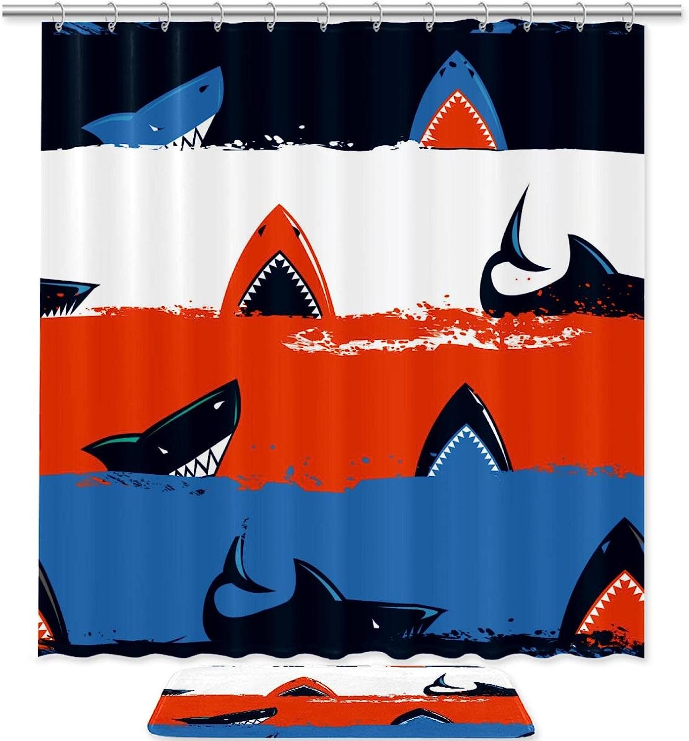 Sharks Sea Stripe Waterproof Shower Curtain Set with Bathroom Decors