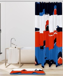 Sharks Sea Stripe Waterproof Shower Curtain Set with Bathroom Decors