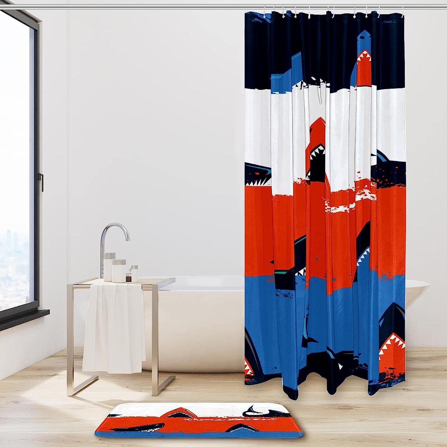 Sharks Sea Stripe Waterproof Shower Curtain Set with Bathroom Decors