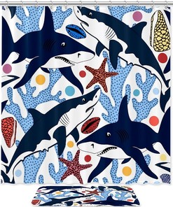 Sharks Shells Starfishes Waterproof Shower Curtain Set for Your Bathroom