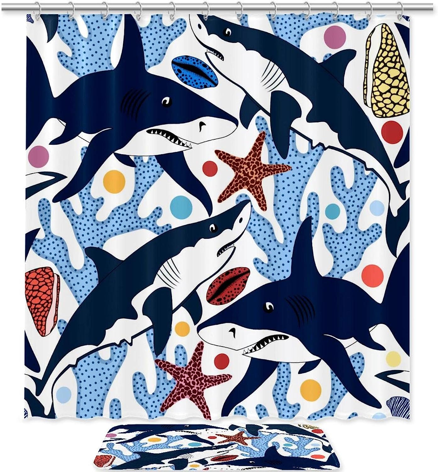 Sharks Shells Starfishes Waterproof Shower Curtain Set for Your Bathroom