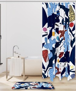 Sharks Shells Starfishes Waterproof Shower Curtain Set for Your Bathroom