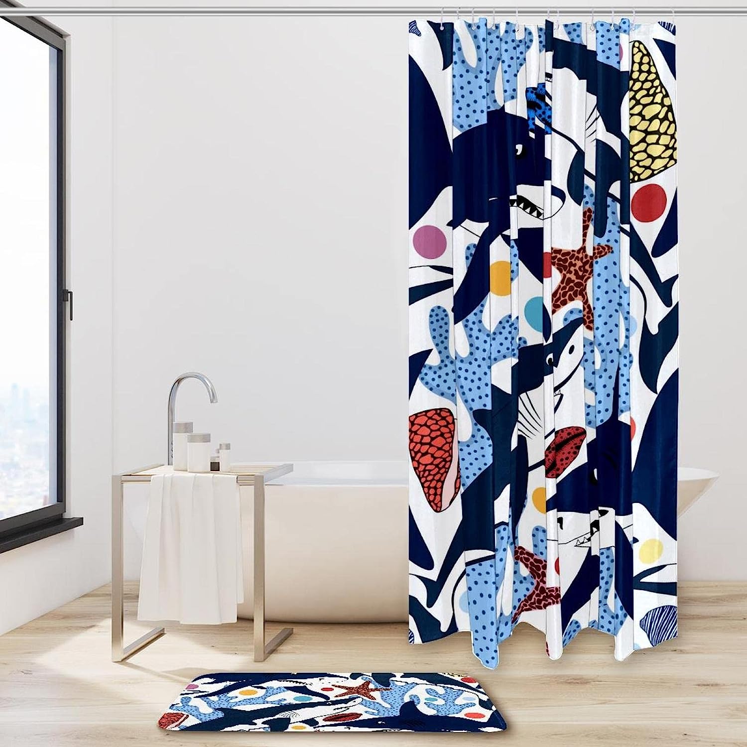 Sharks Shells Starfishes Waterproof Shower Curtain Set for Your Bathroom