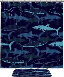 Sharks on Aqua Waterproof Fabric Shower Curtain for Your Bathroom