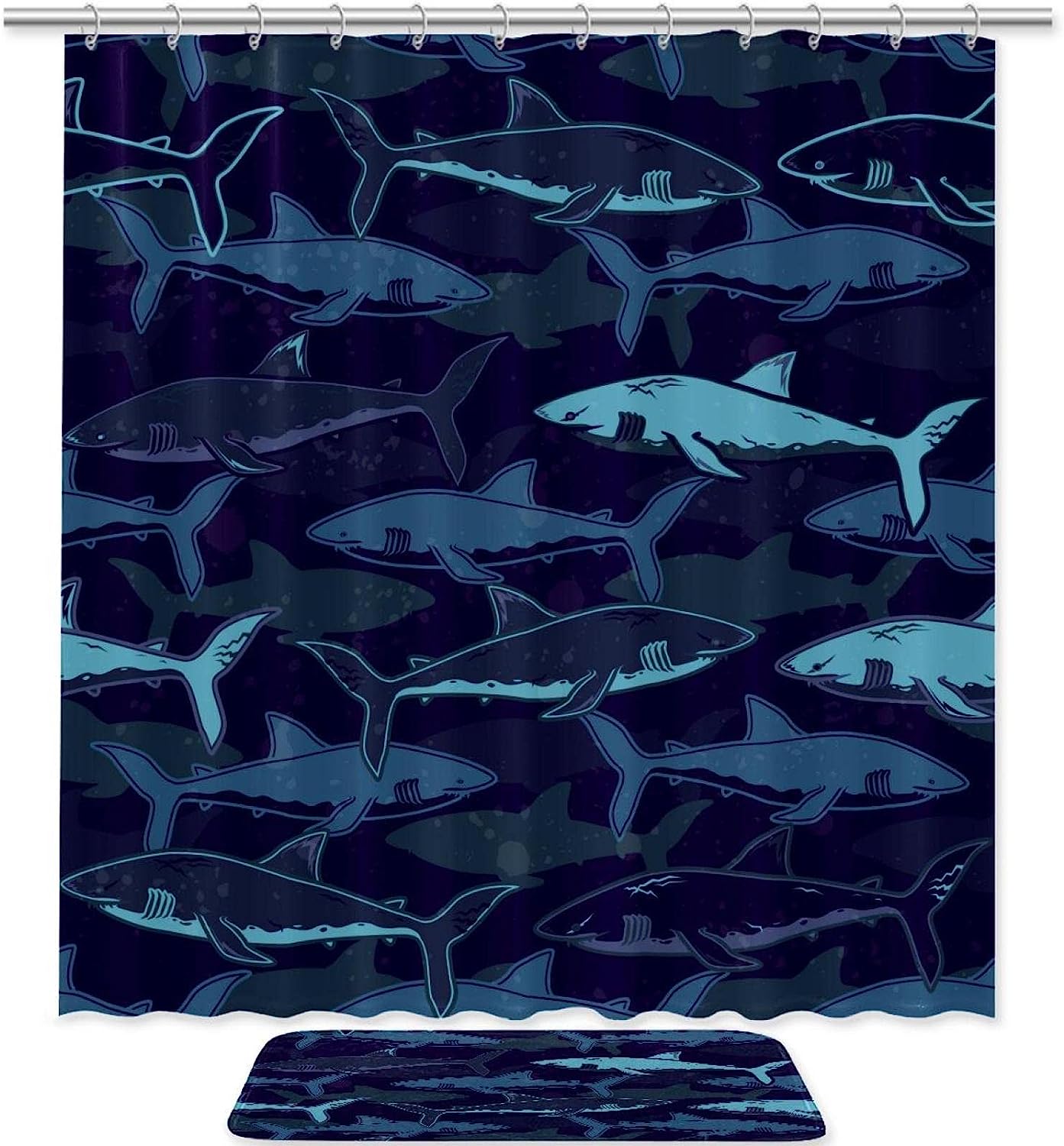 Sharks on Aqua Waterproof Fabric Shower Curtain for Your Bathroom