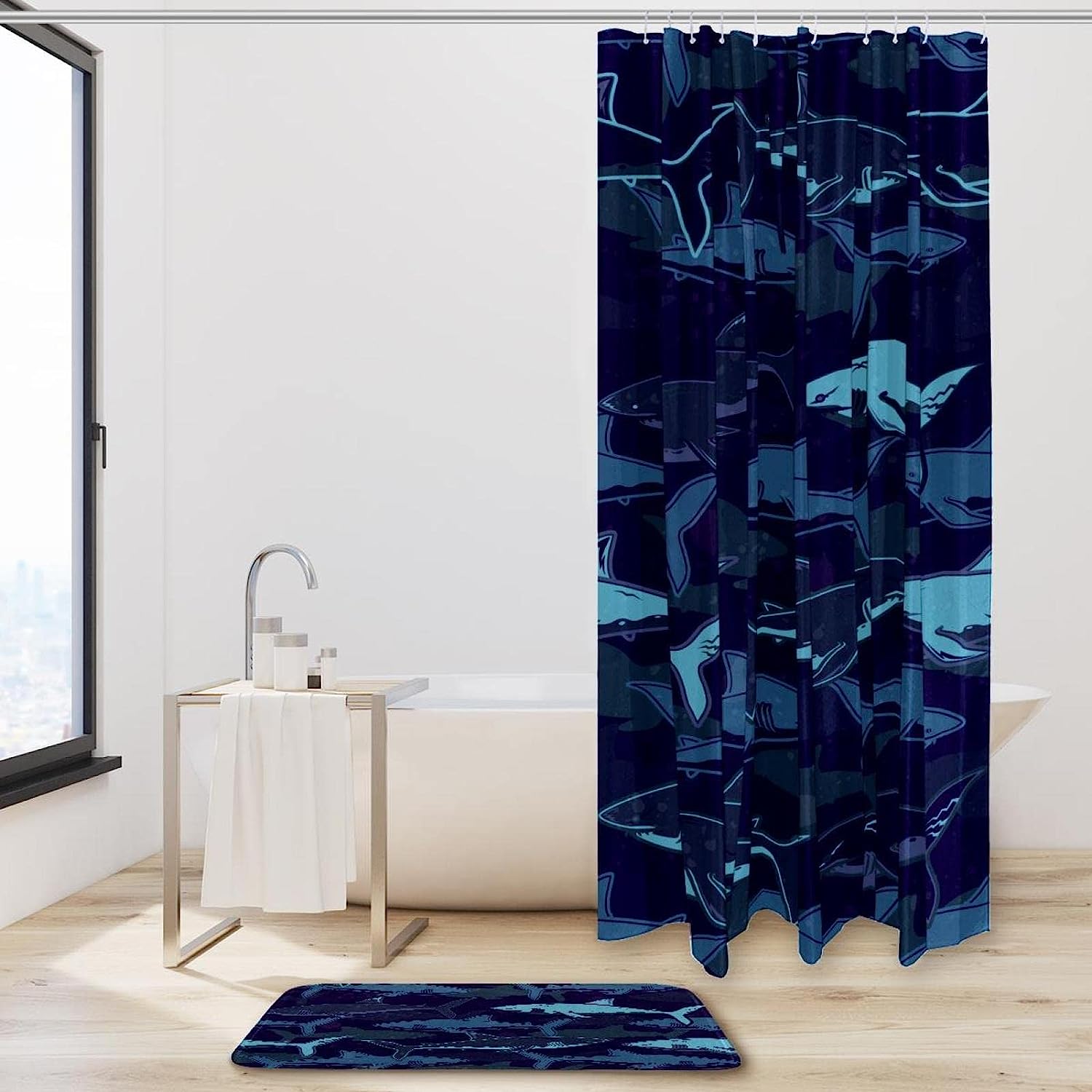 Sharks on Aqua Waterproof Fabric Shower Curtain for Your Bathroom