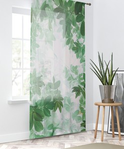 Sheer Green Foliage Window Curtain With Leaves Print For Modern Chic Decor