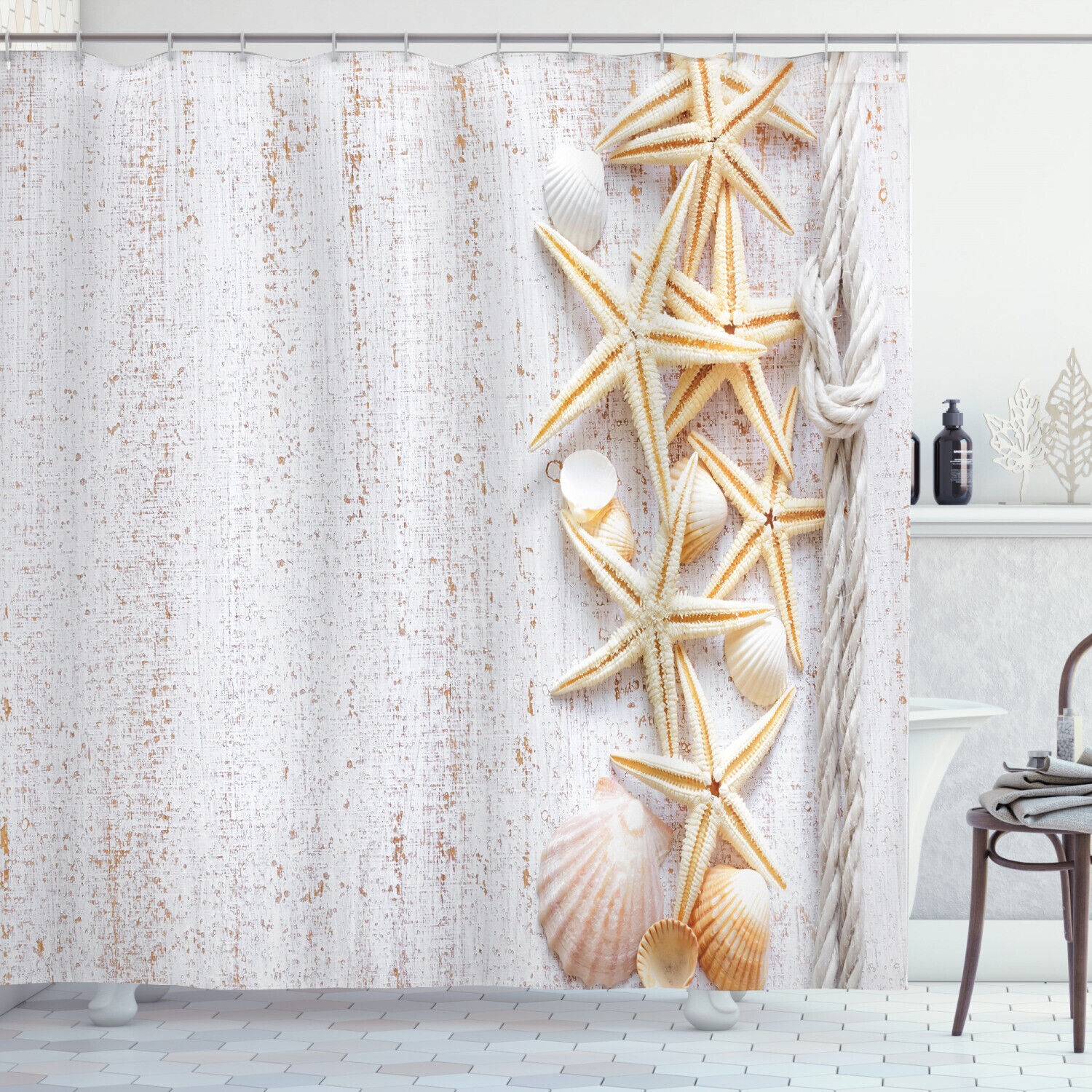Shell Decor and Starfish Ocean Beach Themed Print Shower Curtain - Water Resistant Bath Curtain