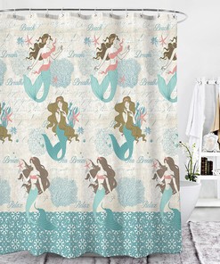 Shell and Mermaid Print Shower Curtain Waterproof Fabric for an Underwater Bathroom Experience