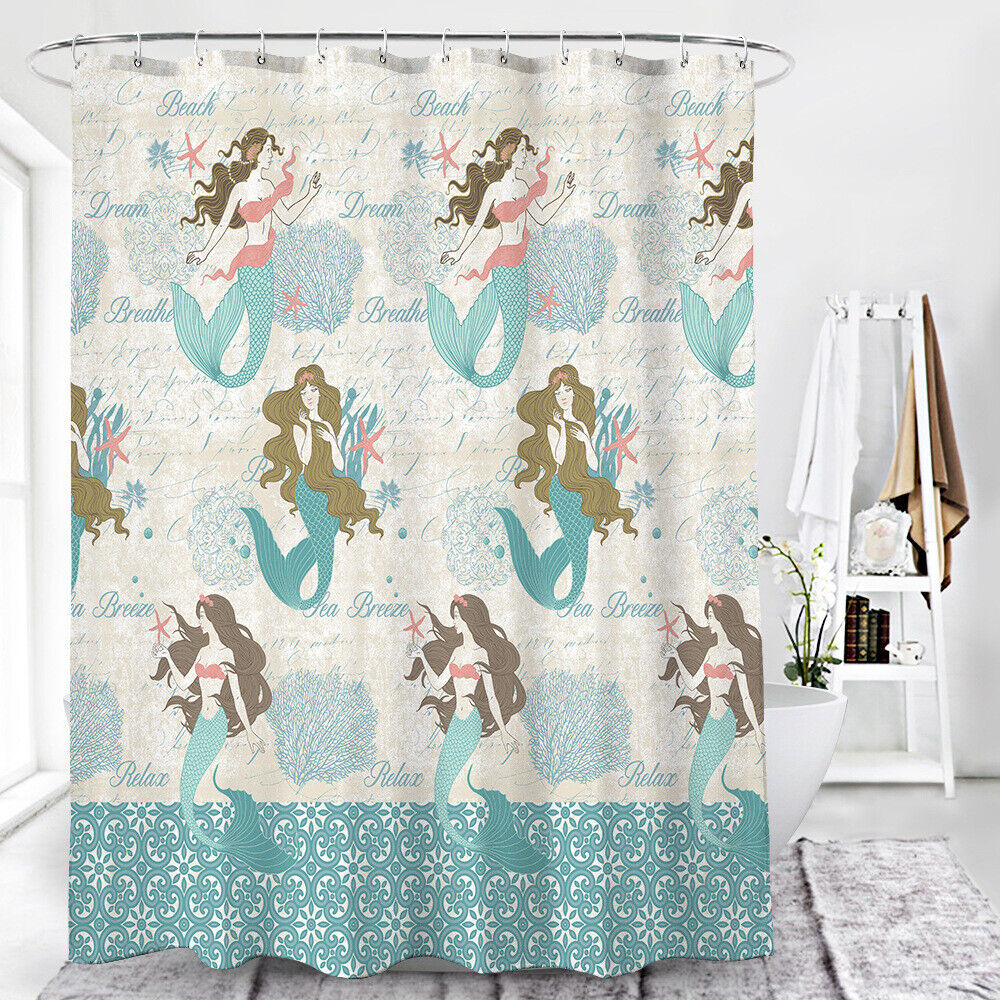 Shell and Mermaid Print Shower Curtain Waterproof Fabric for an Underwater Bathroom Experience