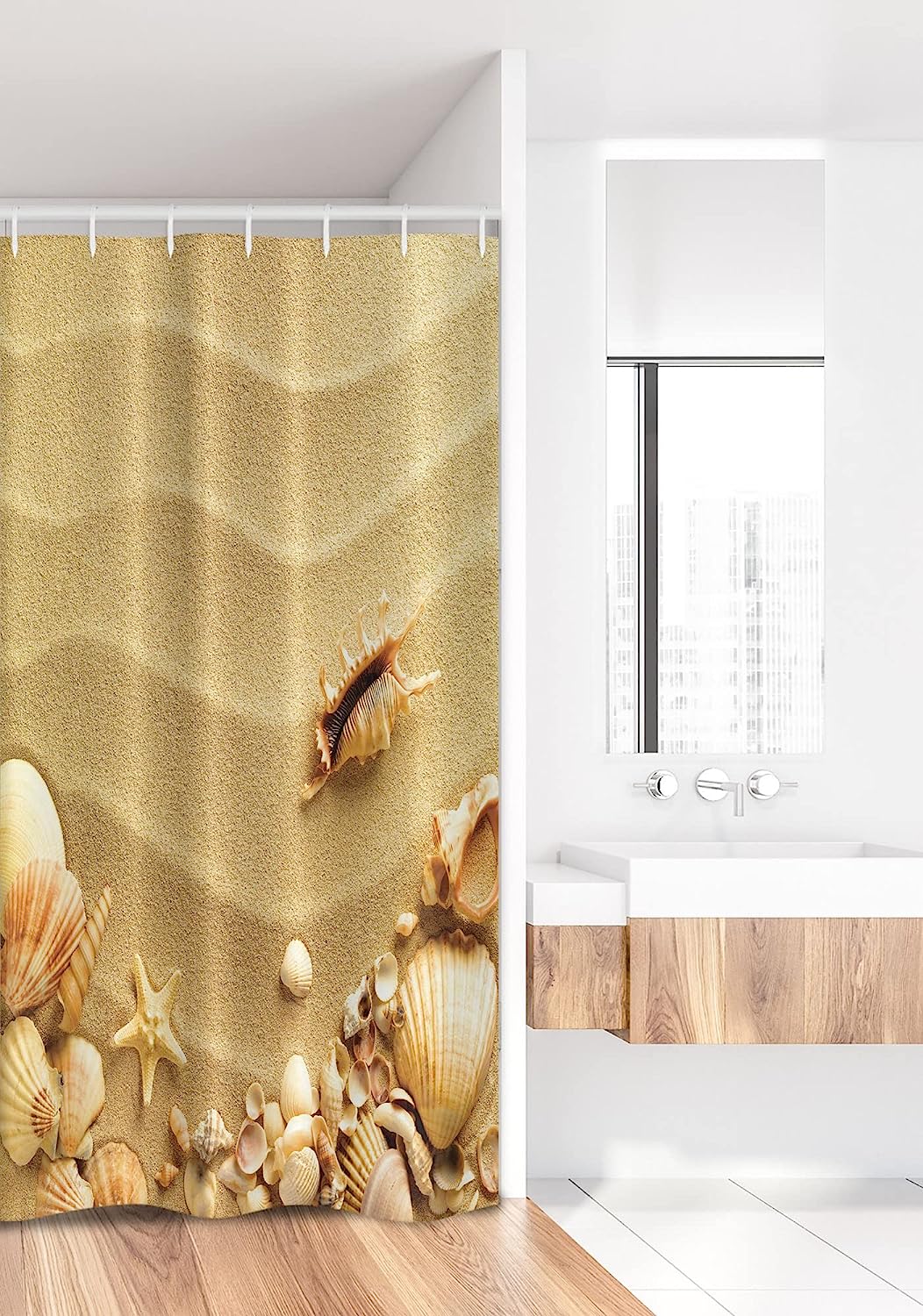 Shells On Wavy Sandy Beach And Starfish Summer Coastal Theme Shower Curtain - Image 2