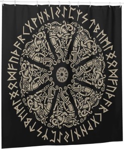 Shield Viking Shower Curtain with Ancient Ornament and Scandinavian Runes for Hotel, Home, and Office Bathroom
