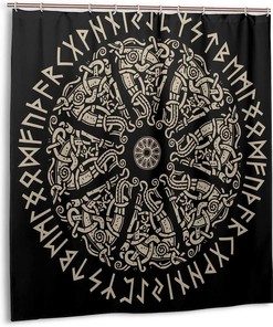 Shield Viking Shower Curtain with Ancient Ornament and Scandinavian Runes for Hotel, Home, and Office Bathroom