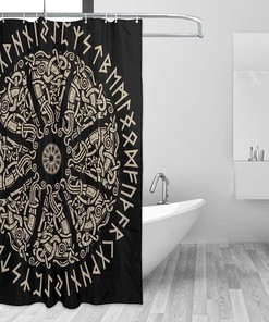 Shield Viking Shower Curtain with Ancient Ornament and Scandinavian Runes for Hotel, Home, and Office Bathroom
