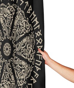 Shield Viking Shower Curtain with Ancient Ornament and Scandinavian Runes for Hotel, Home, and Office Bathroom
