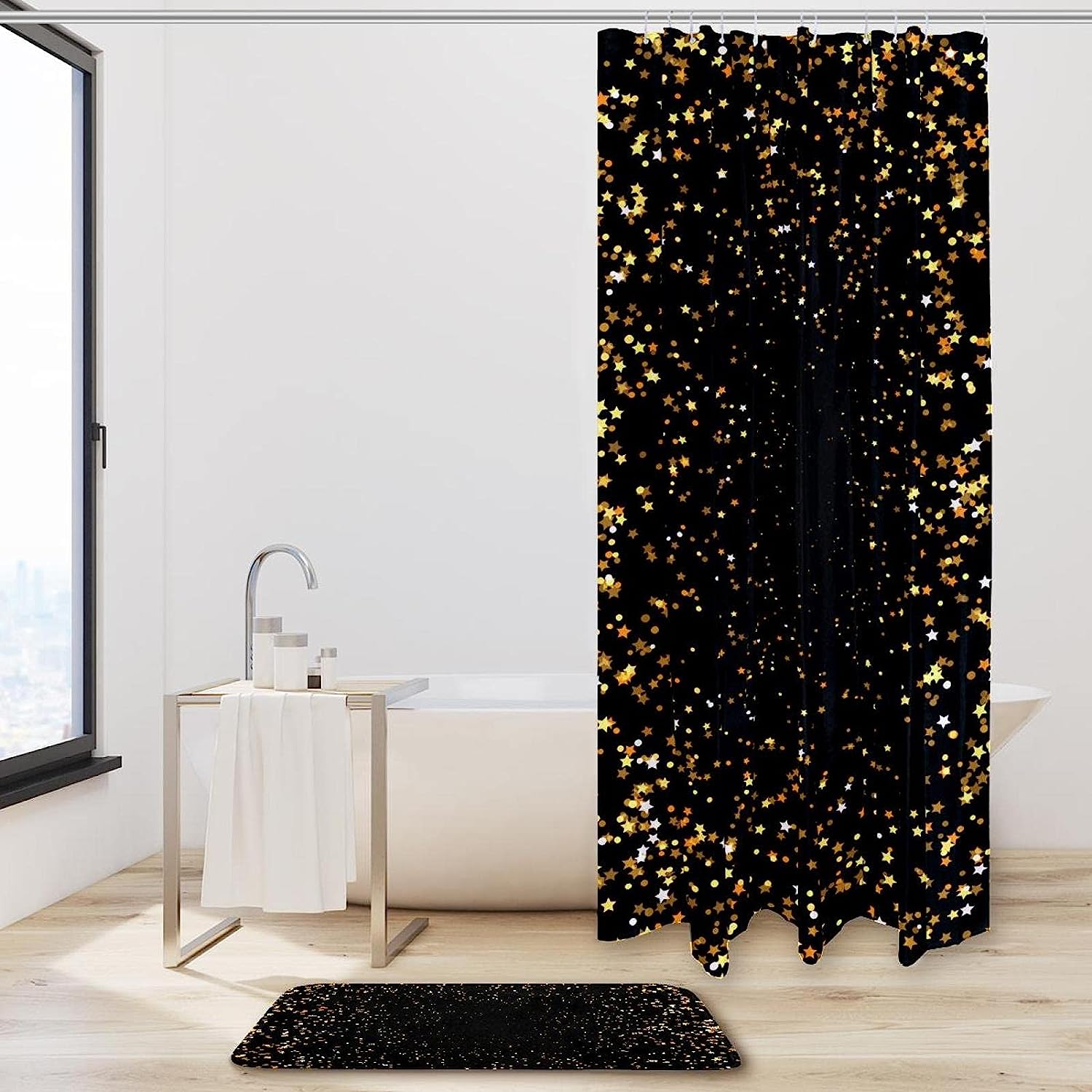 Shimmering Gold Stars Shower Curtain With Waterproof Fabric, Perfect For Elegant Bathroom Decor