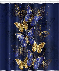 Shining Blue Butterfly Shower Curtain With Butterflies And Diamond Gold Moth Design For Bathroom Decor