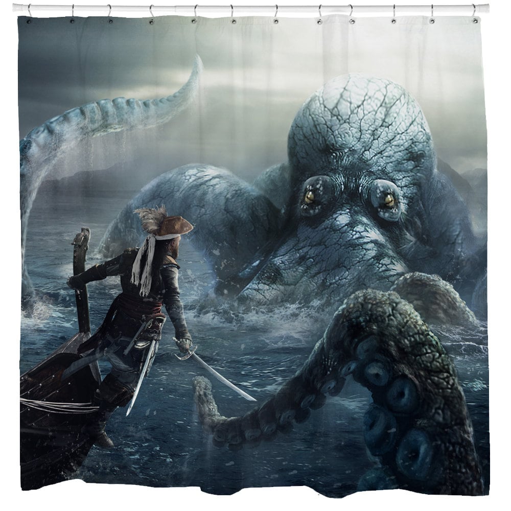 Shipwreck Art Kraken Pirate Shower Curtain for Quirky and Steampunk Bathroom Decor