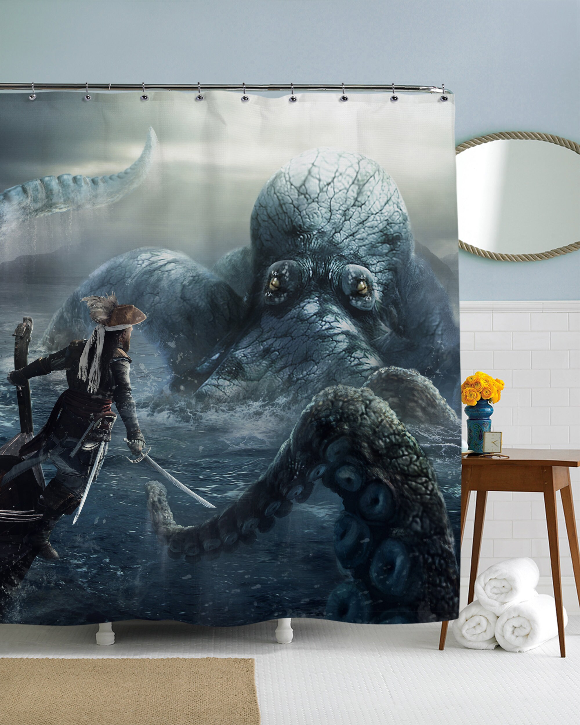 Shipwreck Art Kraken Pirate Shower Curtain for Quirky and Steampunk Bathroom Decor