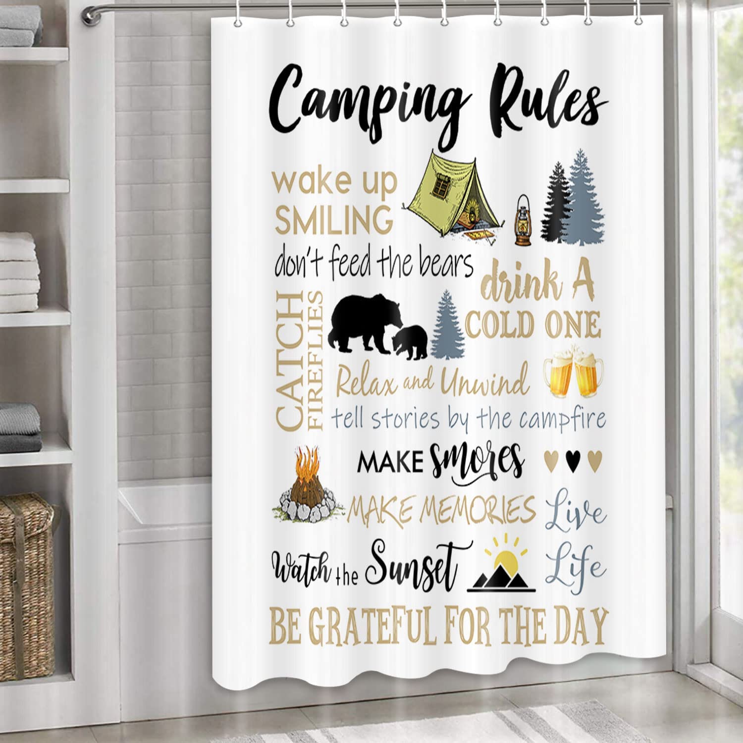 Shorter and Narrow Stall Fabric Shower Curtain for Happy Camper Bathroom Decor