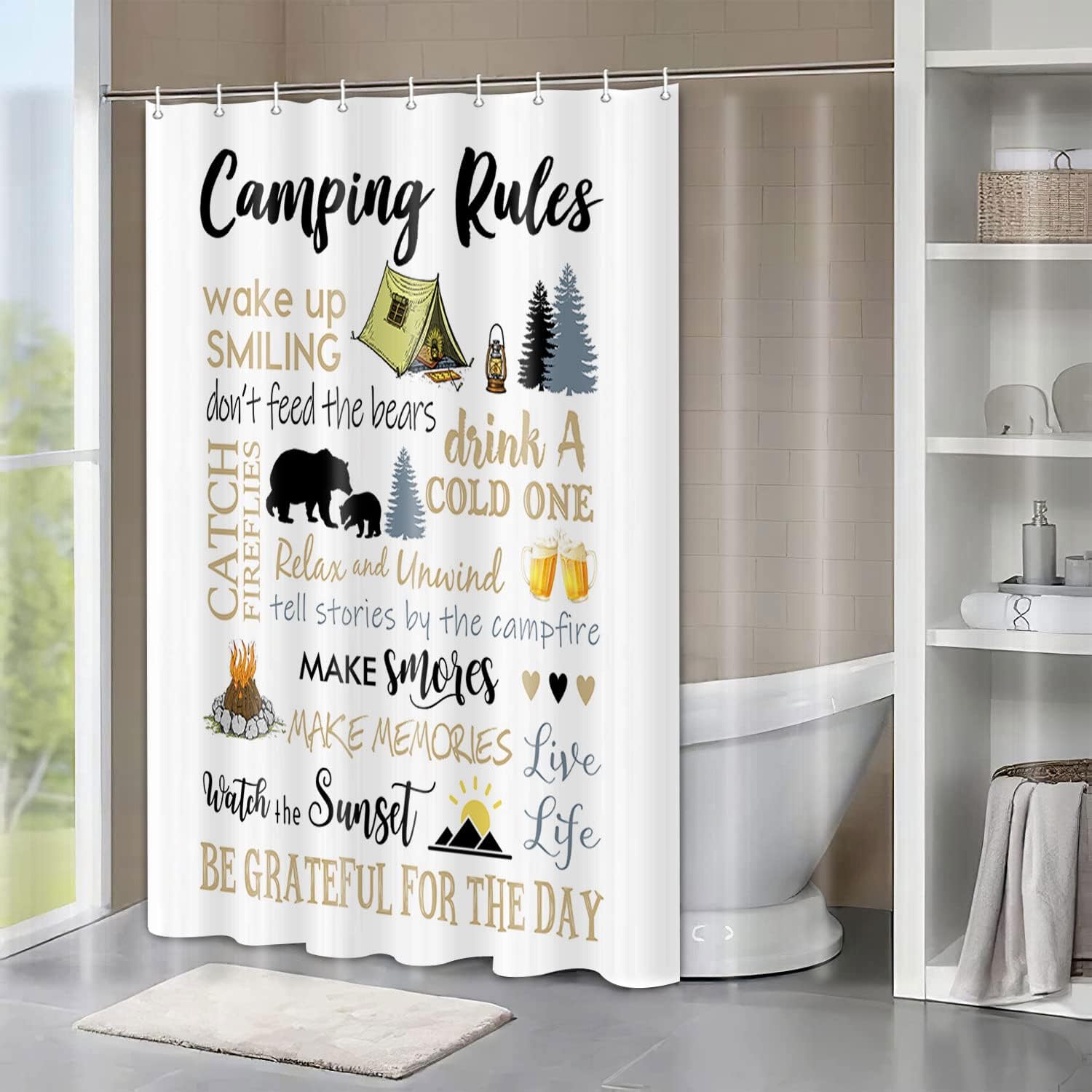 Shorter and Narrow Stall Fabric Shower Curtain for Happy Camper Bathroom Decor