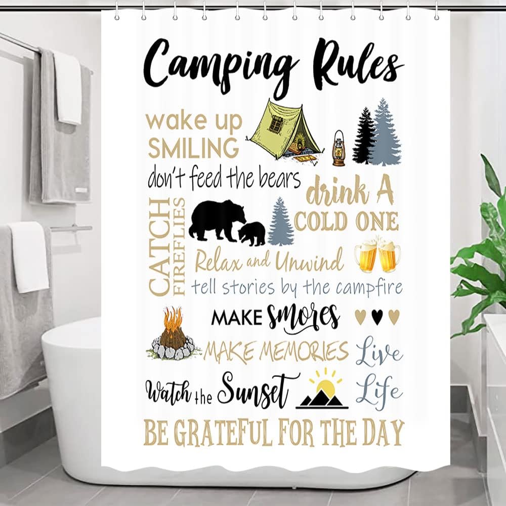 Shorter and Narrow Stall Fabric Shower Curtain for Happy Camper Bathroom Decor