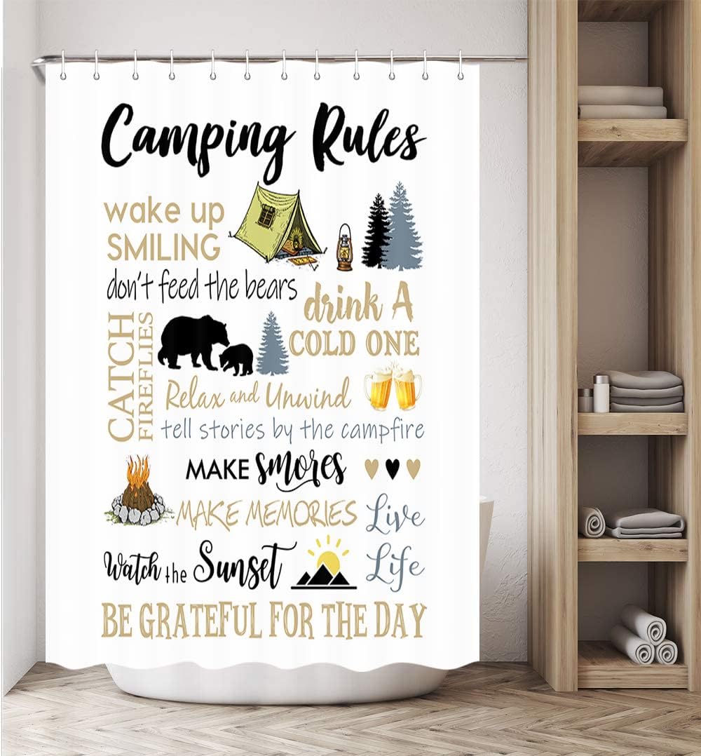 Shorter and Narrow Stall Fabric Shower Curtain for Happy Camper Bathroom Decor